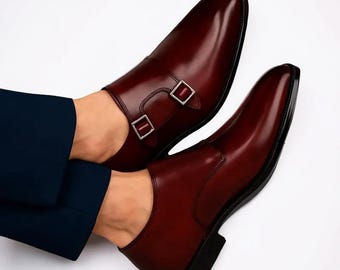 Handgefertigte Herren Double Monk Strap Lederschuhe | Burgunder Kleid Schuhe für formale & Casual Wear