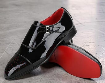 Christian Louboutin Men’s Black Patent Leather Monk Strap Dress Shoes