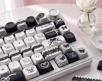 Kawaii Black White Keycaps | Cute Bow Ribbon Custom Artisan PBT Set | Aesthetic Mechanical Keyboard