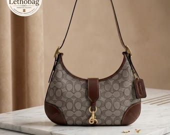 Coach Hampton-schoudertas monogram hobo – bruine leren accenten, gouden hardware