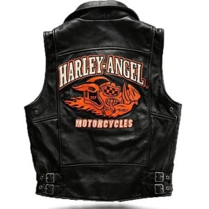 Men’s Harley-Davidson Black Leather Motorcycle Vest Cowhide Biker Club Style Vest with Back Patch Sleeveless Rider Jacket Gift for Bikers