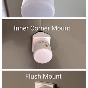 May include: A white cylindrical device mounted in three different ways: outer corner, inner corner, and flush. The device has a rounded top and a square base. Text on the image reads "Outer Corner Mount", "Inner Corner Mount", and "Flush Mount".