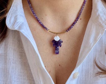Natural Amethyst Palm Tree Necklace, Handmade Purple Gemstone Beaded Necklace, Summer Beach Jewelry, Shell Charm Gift for Her.