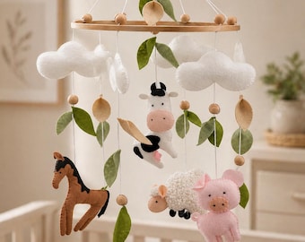 Handmade Felt Farm Animal Baby Mobile, Neutral Nursery Crib Decor, Sheep Cow Pig Horse Mobile, Farm Theme Baby Shower Gift