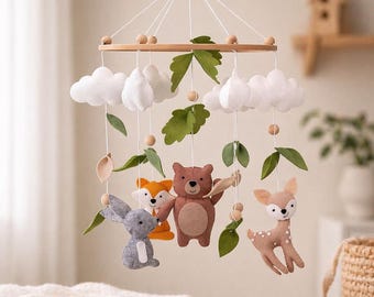 Móvil de cuna con temática de bosque, móvil de fieltro con forma de oso, zorro, conejo y ciervo para la habitación del bebé, decoración colgante de animales del bosque para regalo de baby shower
