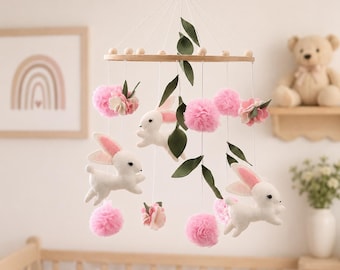 Luxury Handmade Bunny Nursery Mobile, Felt Rabbit Crib Mobile for Baby Girl Nursery, Neutral Baby Mobile Shower Gift Crib Decor