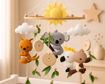 Australian Animal Baby Mobile | Felt Kangaroo Koala Cockatoo Crib Mobile | Neutral Nursery Decor | Handmade Baby Gift