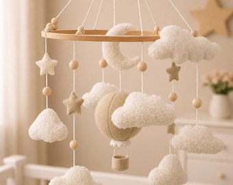 Felt Baby Mobile Hot Air Balloon, Neutral Nursery Decor, Cloud Baby Mobile, Crib Mobile for Baby Boy Girl, Montessori Nursery Hanging