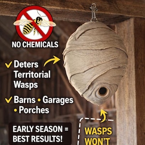 May include: A hanging wasp nest decoy made of a light brown, textured material. The image includes text that reads "Keep Wasps Away" and "No Chemicals." It also highlights that the decoy deters wasps from barns, garages, and porches.