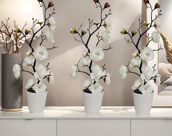 3pcs Elegant Artificial Plum Blossom Set with Vase - Faux Greenery