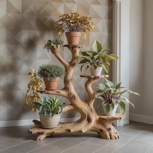 Solid Wood Tree Trunk Plant Stand, Rustic Indoor Bonsai Display Shelf, Farmhouse Decor