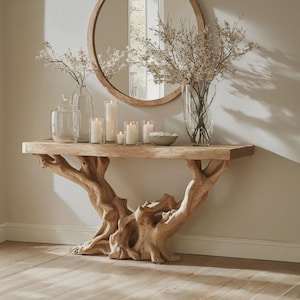 Mesa consola rústica con borde natural, mesa auxiliar de madera natural para recibidor o sofá.