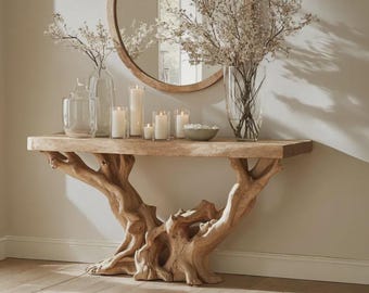 Mesa consola rústica con borde natural, mesa auxiliar de madera natural para recibidor o sofá.