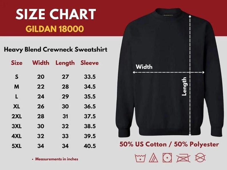 Pu&ograve; includere: Una felpa nera girocollo Heavy Blend con tabella taglie. La tabella elenca le taglie dalla S alla 5XL, con misure in pollici per larghezza, lunghezza e manica. La felpa &egrave; 50% cotone americano e 50% poliestere.