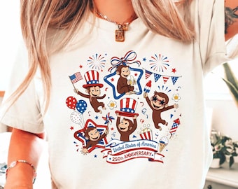 Camiseta de Jorge el Curioso para el 4 de julio, Camiseta a juego para fiestas, Camiseta de fiesta de Jorge el Curioso, Camiseta patriótica, Camiseta del 4 de julio, Camiseta con la bandera de EE. UU.