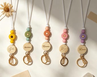 Personalized Daisy Beaded Lanyard, Custom Name Disc ID Badge Holder, Floral Pastel Lanyard