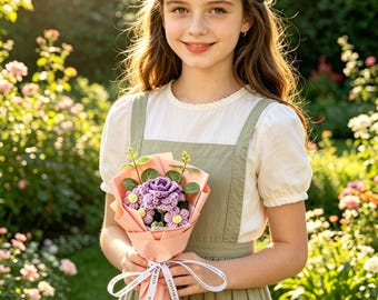 Lavender Crochet Flower Bouquet, No-Wilt Knit Rose Arrangement, Handmade Birthday/Anniversary Gift