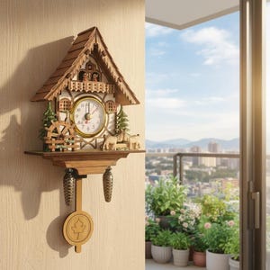 May include: A wooden cuckoo clock with a detailed chalet design. The clock features a white clock face with black numerals, a pendulum, and decorative elements like miniature trees and animals. The clock is mounted on a beige wall.