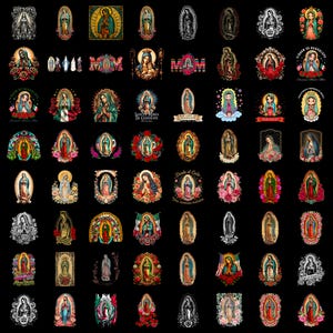 May include: A collection of sixty-four individual graphic designs featuring the Virgin of Guadalupe, depicted in various artistic styles including colorful illustrations, black and white sketches, and floral frames on a solid black background.