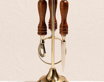Messinghouten bureauset – briefopener, vergrootglas, flesopener