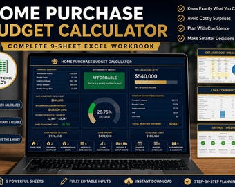 Home Purchase Budget Calculator Excel | First Time Home Buyer Spreadsheet | Mortgage Down Payment Closing Costs Planner Template