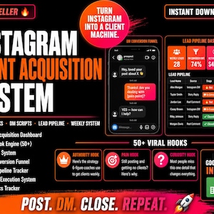Puede incluir: Un gráfico de marketing digital con el título "Instagram Client Acquisition System". Incluye un panel de control de canalización de clientes potenciales, una pantalla de teléfono con un chat e iconos para ganchos virales, scripts de DM y sistemas semanales. El texto "Post. DM. Close. Repeat." está en la parte inferior.