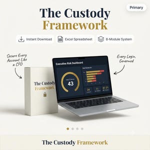 May include: A digital product titled The Custody Framework featuring a white box with a lock icon and a laptop displaying an Executive Risk Dashboard with a Vault Score of 43, risk distribution charts, and data metrics for account security management.