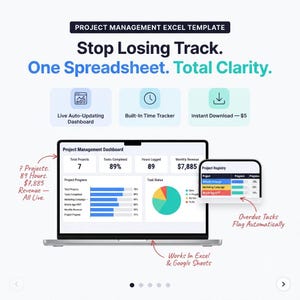 Pode incluir: Um modelo de Excel para gestão de projetos exibido numa tela de portátil e num dispositivo menor. A interface apresenta um painel com barras de progresso, um gráfico circular para o estado das tarefas e um registo de projetos. Texto: "Stop Losing Track. One Spreadsheet. Total Clarity."