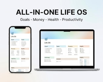Planificador digital Life OS, panel de control integral para la vida, seguimiento de objetivos, finanzas, salud y hábitos, plantilla imprimible estilo Notion, Google Sheets