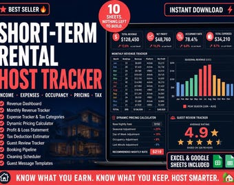 Pacchetto di fogli di calcolo per host Airbnb / Strumento di monitoraggio per affitti a breve termine / Calcolatore di entrate, spese e profitti per affitti vacanze / Fogli Google Excel