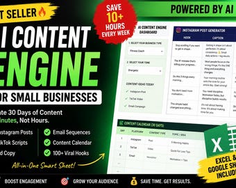 Sistema di contenuti basato sull'intelligenza artificiale per piccole imprese / Calendario dei social media, didascalie, script (download digitale)