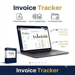 Może przedstawiać: Cyfrowe narzędzie Invoice Tracker wyświetlone na ekranie laptopa, pokazujące pulpit nawigacyjny faktur z danymi o przychodach, wykresami i listami klientów. Zawiera ikony szybkiego pobierania, kompatybilności z Excel i Google Sheets oraz sześć zakładek.