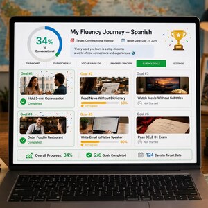 Planilha de acompanhamento do progresso na aprendizagem de idiomas, planejador de cronograma de estudos, registro de vocabulário, rastreador de metas de fluência (Excel, Planilhas Google, aplicativo complementar do Duolingo) imagem 2