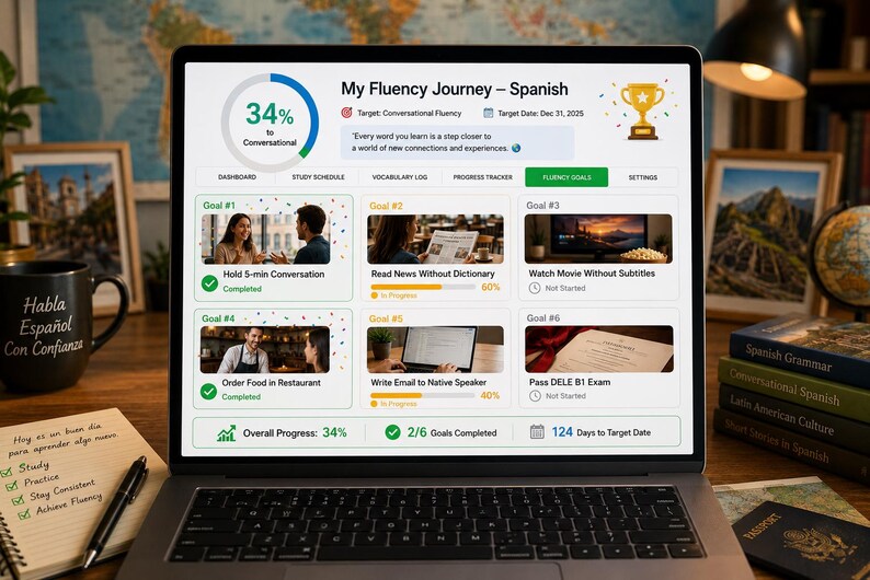 Planilha de acompanhamento do progresso na aprendizagem de idiomas, planejador de cronograma de estudos, registro de vocabulário, rastreador de metas de fluência (Excel, Planilhas Google, aplicativo complementar do Duolingo) imagem 2