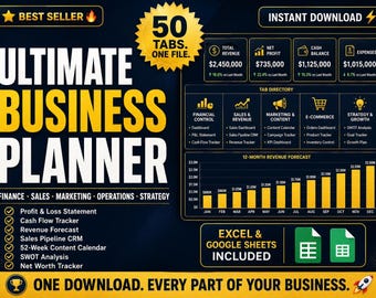 Strumento di pianificazione per piccole imprese in Excel / Foglio di calcolo per il monitoraggio del budget / Strumento di pianificazione per imprenditori in Google Sheets / Strumento di monitoraggio delle finanze per startup (50 schede)