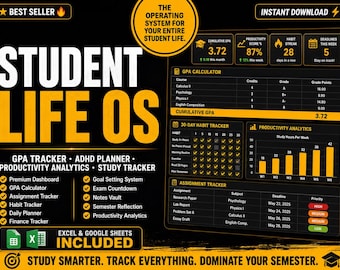 Foglio di calcolo per la pianificazione degli studi / Calcolatore GPA, Pianificatore per ADHD, Monitoraggio dello studio, Monitoraggio delle abitudini, Monitoraggio dei compiti, Excel per l'università, Fogli Google
