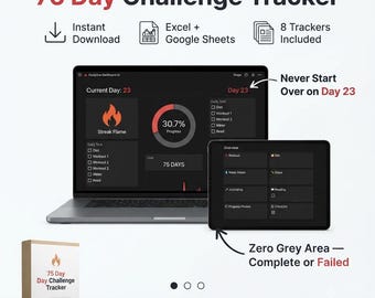75 Day Challenge Tracker Excel | Discipline Planner, Habit Tracker, Daily Checklist, Transformation Tracker, Fitness Challenge Google Sheets