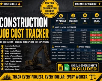 Strumento Excel per il monitoraggio dei costi dei lavori edili / Pianificatore per appaltatori, foglio di calcolo per il budget, monitoraggio delle fatture, pianificazione dei lavoratori, modello di registro giornaliero del cantiere