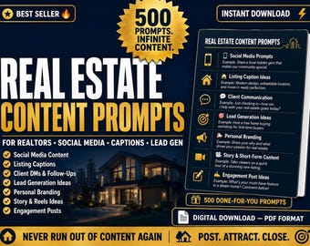 500 spunti per contenuti immobiliari per agenti immobiliari / Social media, didascalie, generazione di lead (download digitale)