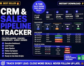 Modello CRM Excel / Monitoraggio dei lead, pipeline di vendita, acquisizione clienti, sistema di follow-up, dashboard di vendita per agenzie di coaching per freelance, foglio di calcolo