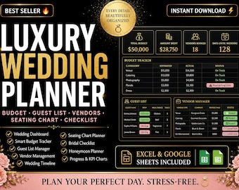 Modello Excel per la pianificazione del matrimonio / Monitoraggio del budget, lista degli invitati, gestione dei fornitori, disposizione dei posti a sedere, lista di controllo per il matrimonio, modello per la pianificazione della sposa su Google Sheets