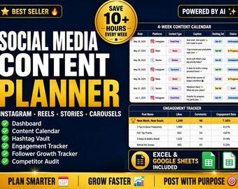 Strumento di pianificazione dei contenuti per i social media in Excel / Foglio di calcolo per il monitoraggio di Instagram / Pianificatore di hashtag - Download immediato