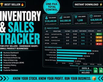 Strumento di monitoraggio di inventario e vendite per Fogli Google e Excel / Modello per piccole imprese / Foglio di calcolo per la gestione dell'inventario e la massimizzazione dei profitti / Organizzatore per venditori Etsy