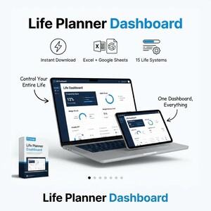 May include: A digital Life Planner Dashboard displayed on a laptop and tablet screen. The interface features productivity scores, budget charts, and weekly KPIs. Icons indicate instant download, Excel and Google Sheets compatibility, and 15 life systems.