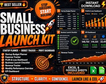 Kit di avvio per piccole imprese Fogli Google Excel / Pianificatore di budget aziendale / Dashboard profitti e perdite / Modello di foglio di calcolo per la pianificazione dell'avvio