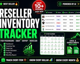 Strumento di monitoraggio dell'inventario per rivenditori in Excel e Fogli Google, strumento di monitoraggio dei profitti per Poshmark, eBay, Depop e Mercari, foglio di calcolo per piccole imprese (download digitale).