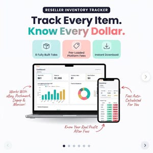 May include: A digital reseller inventory tracker template displayed on a laptop and smartphone screen. The interface shows dashboards with profit, revenue, and inventory data, including bar charts and pie charts. Text includes 'Track Every Item. Know Every Dollar.'