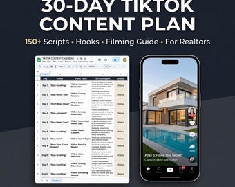 Sistema di contenuti TikTok per agenti immobiliari / Script preconfezionati di 30 giorni con agganci e guida alle riprese / Smetti di perdere potenziali clienti a favore di agenti che pubblicano quotidianamente