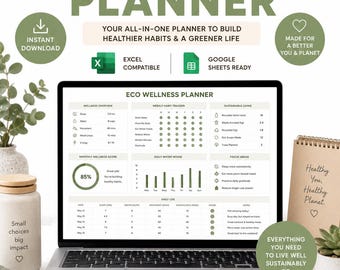 Foglio di calcolo Excel per la pianificazione del benessere ecologico / Strumento di monitoraggio per uno stile di vita sostenibile / Nutrizione, sonno, impronta di carbonio, fitness e consapevolezza / Excel digitale