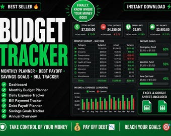 Modello Excel per il monitoraggio del budget, pianificatore di budget mensile, estinzione debiti, obiettivi di risparmio, monitoraggio delle bollette, foglio di calcolo finanziario con download immediato